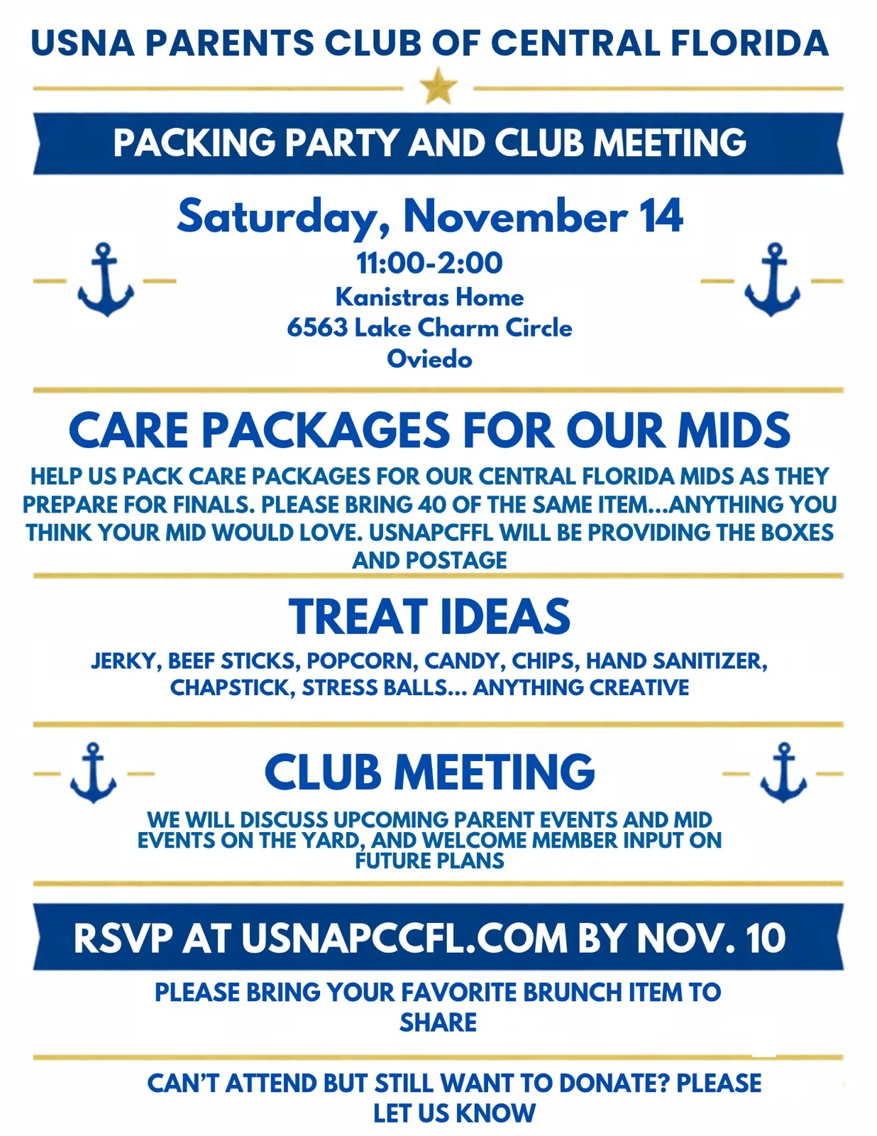 Packing Party and Club Meeting flyer: Saturday, November 14, 11 to 2, Oviedo. RSVP at usnapccfl.com by November 10.